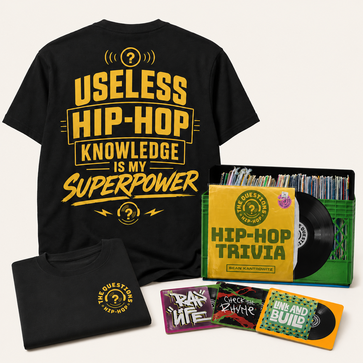 The Full Kit — Superpower Tee with The Questions hip-hop trivia game, cards, and record crate