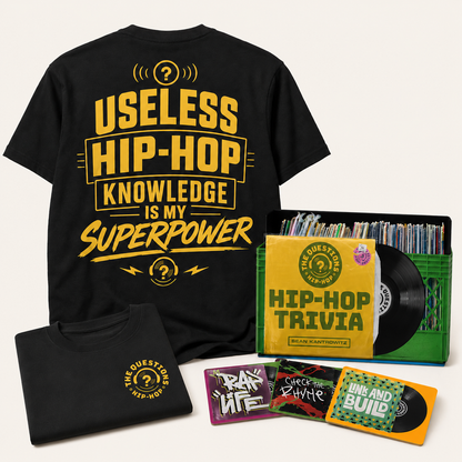 The Full Kit — Superpower Tee with The Questions hip-hop trivia game, cards, and record crate