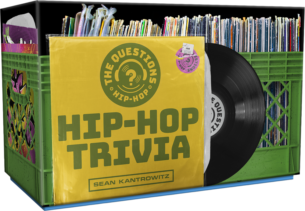 The Questions Hip-Hop Trivia Card Game box, styled as a yellow record sleeve in a green crate beside a vinyl record