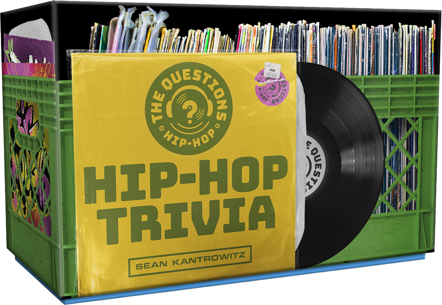 The Questions Hip-Hop Trivia Card Game box, styled as a yellow record sleeve in a green crate beside a vinyl record